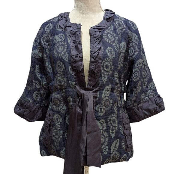 MARC BY MARC JACOBS Floral Print Kimono Jacket Blue 3/4 Sleeve Tie Sash Size 4 - Picture 1 of 12